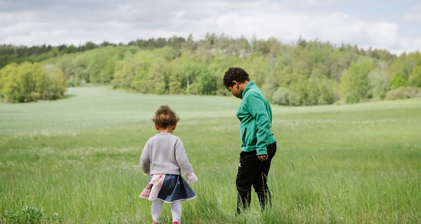 Två barn står tillsammans på ett stort grönt fält, skog vid horisonten